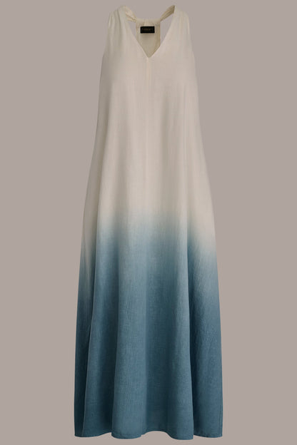Donna Karan LINEN-BLEND SLEEVELESS OMBRÉ TWIST-BACK MIDI HALTER DRESS