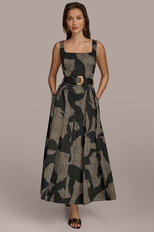 Donna Karan COTTON SLEEVELESS FLORAL MIDI DRESS