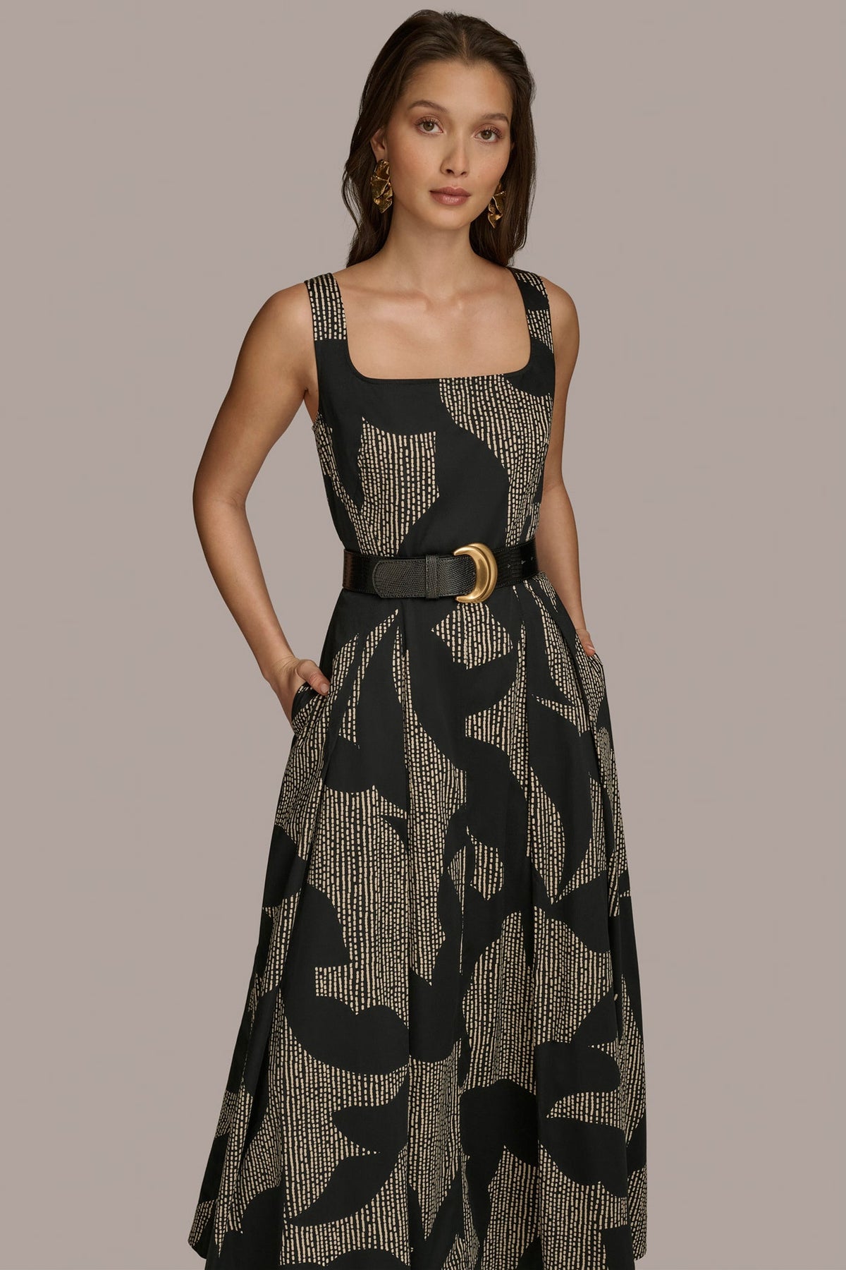 Donna Karan COTTON SLEEVELESS FLORAL MIDI DRESS
