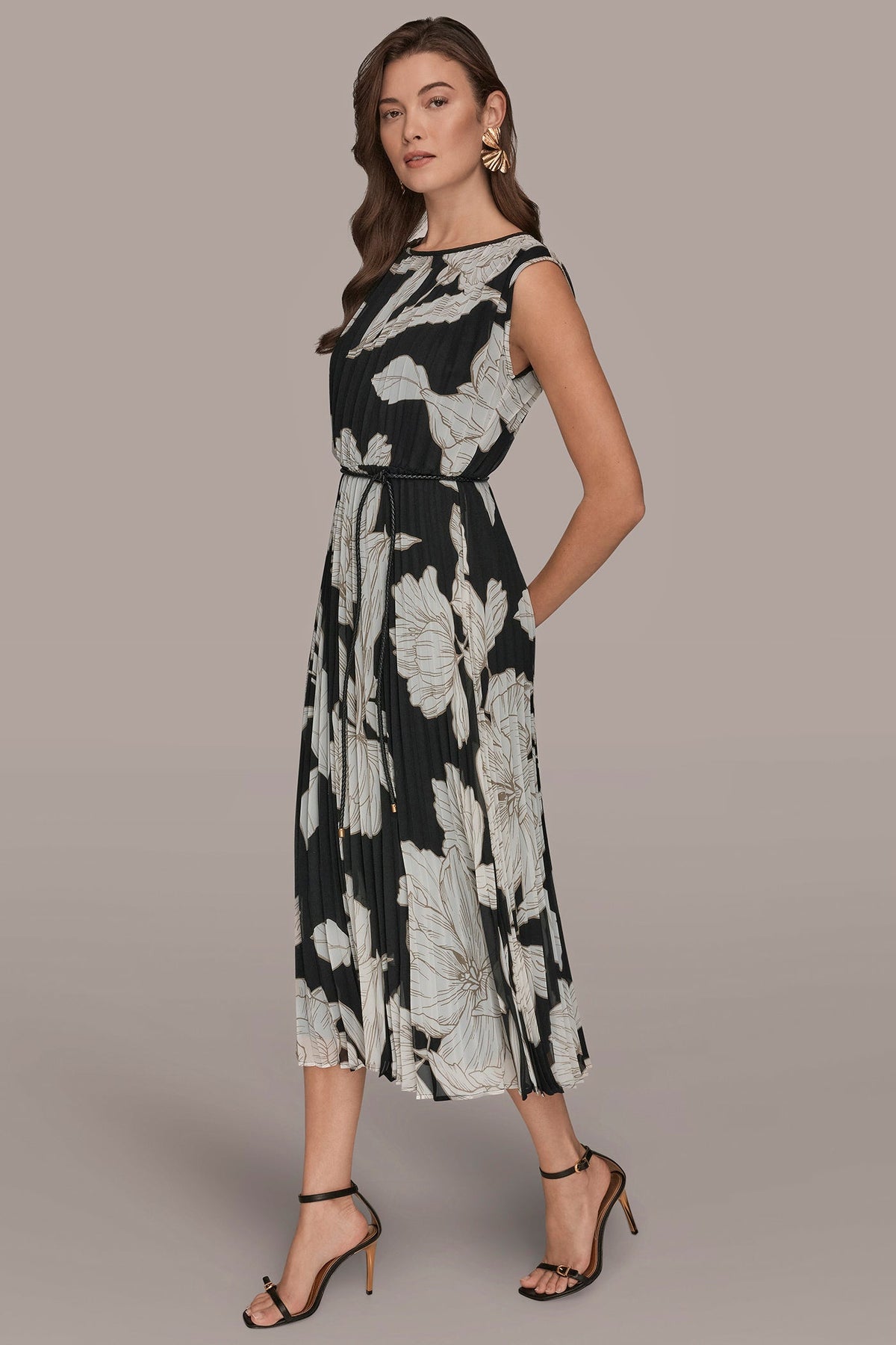 Donna Karan CHIFFON FLORAL MIDI A-LINE DRESS