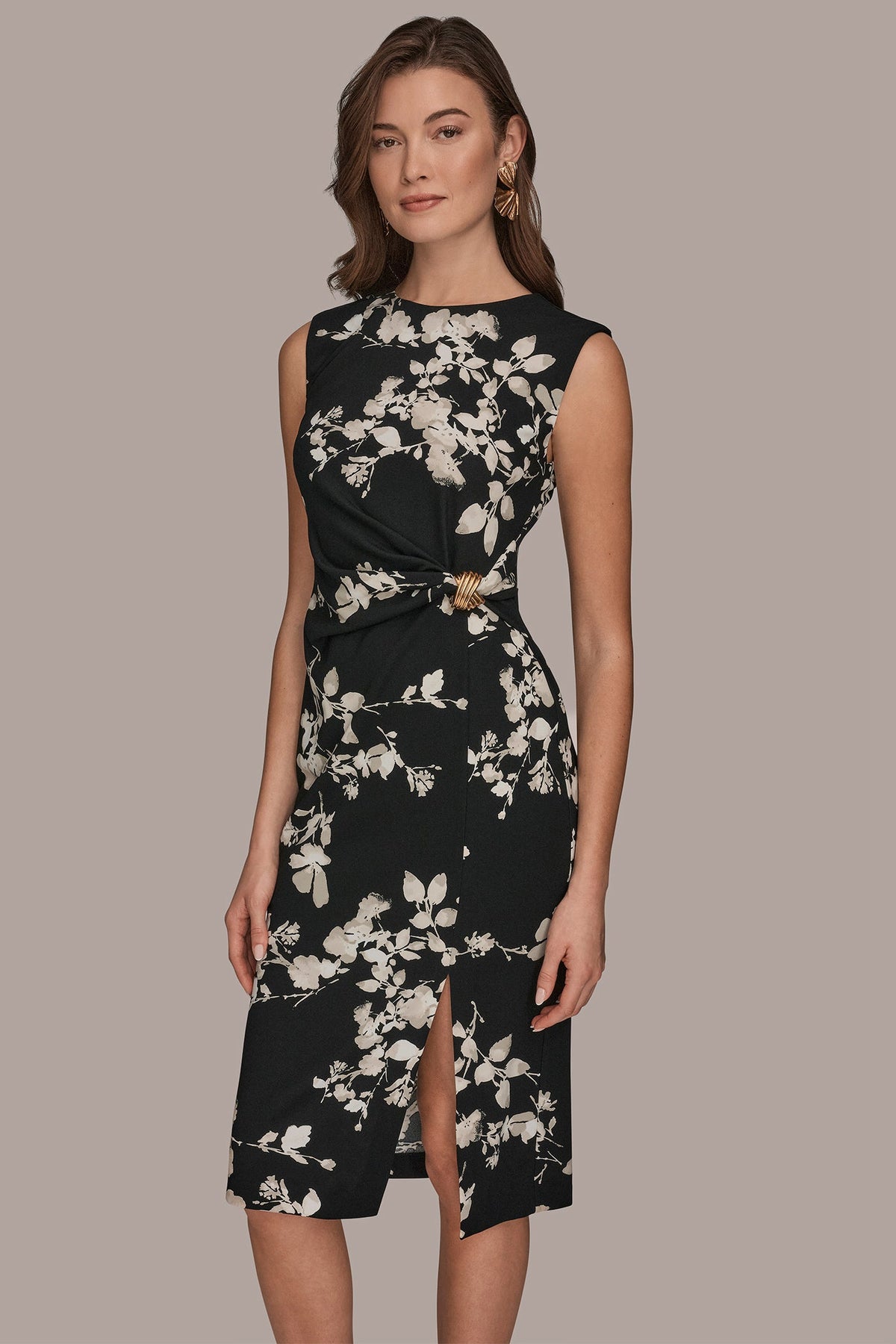 Donna Karan FLORAL SLEEVELESS TWIST-WAIST SHEATH DRESS
