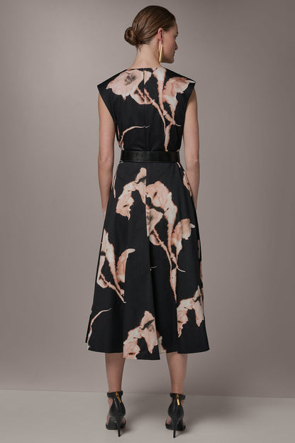 Donna Karan COTTON-SATEEN FLORAL MIDI DRESS