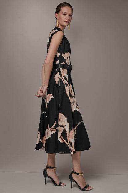 Donna Karan COTTON-SATEEN FLORAL MIDI DRESS