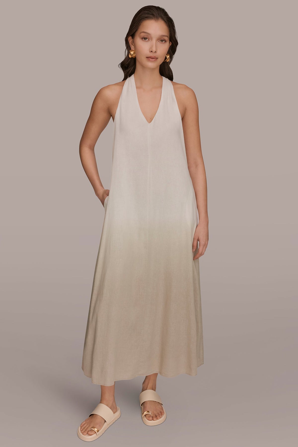 Donna Karan LINEN-BLEND SLEEVELESS OMBRÉ TWIST-BACK MIDI HALTER DRESS