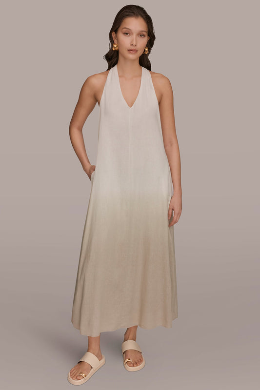 Donna Karan LINEN-BLEND SLEEVELESS OMBRÉ TWIST-BACK MIDI HALTER DRESS