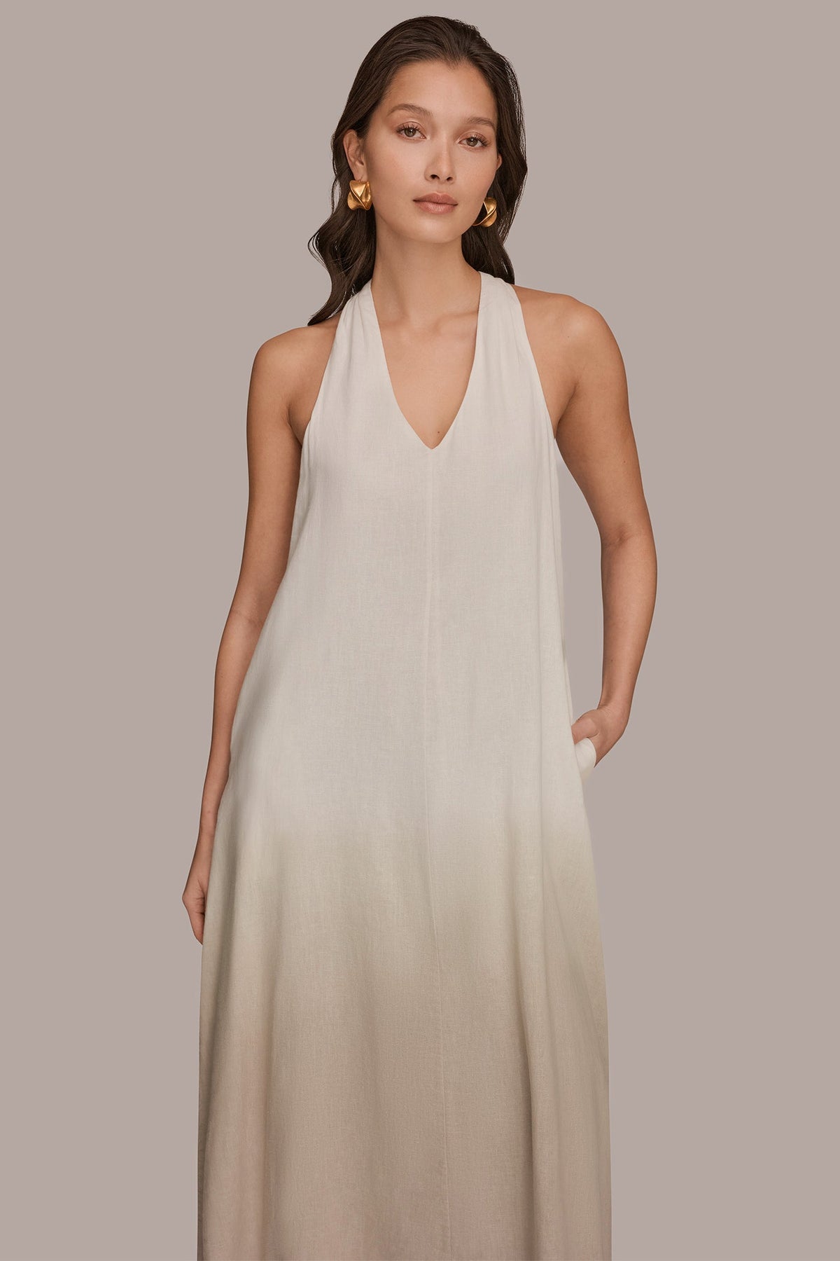 Donna Karan LINEN-BLEND SLEEVELESS OMBRÉ TWIST-BACK MIDI HALTER DRESS