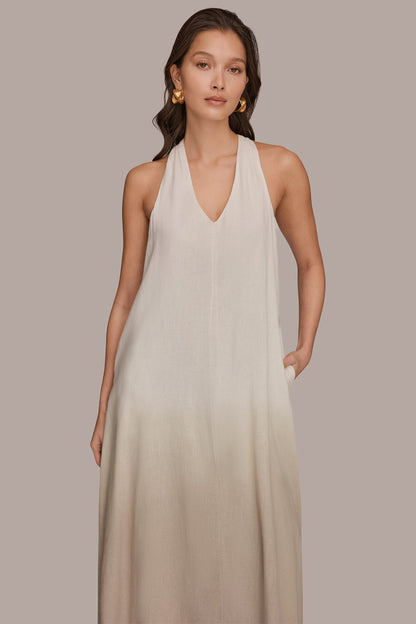 Donna Karan LINEN-BLEND SLEEVELESS OMBRÉ TWIST-BACK MIDI HALTER DRESS