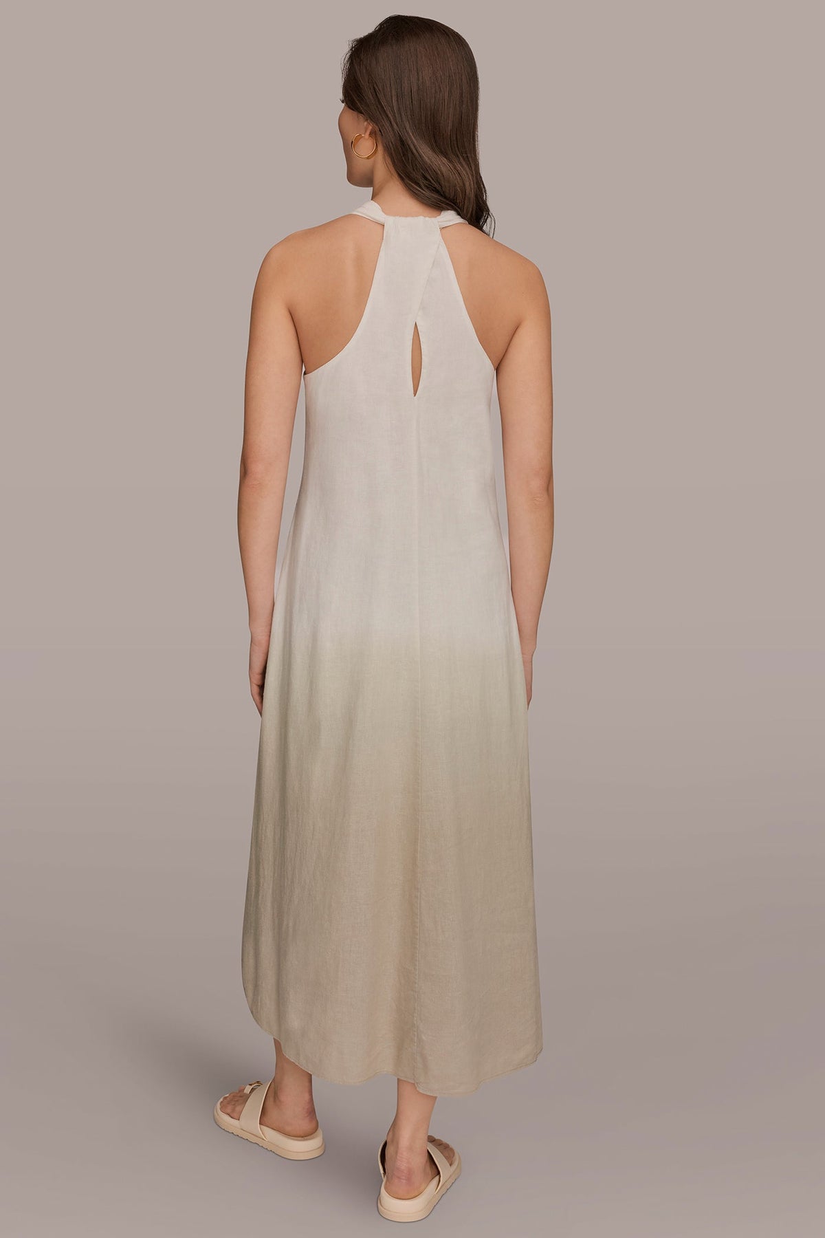 Donna Karan LINEN-BLEND SLEEVELESS OMBRÉ TWIST-BACK MIDI HALTER DRESS