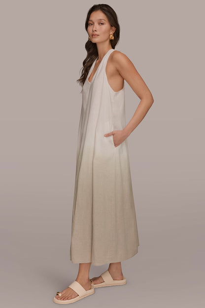 Donna Karan LINEN-BLEND SLEEVELESS OMBRÉ TWIST-BACK MIDI HALTER DRESS