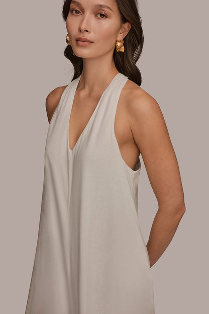 Donna Karan LINEN-BLEND SLEEVELESS OMBRÉ TWIST-BACK MIDI HALTER DRESS