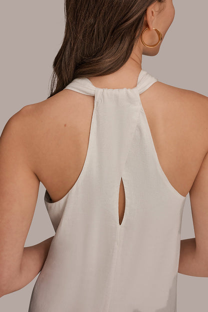 Donna Karan LINEN-BLEND SLEEVELESS OMBRÉ TWIST-BACK MIDI HALTER DRESS