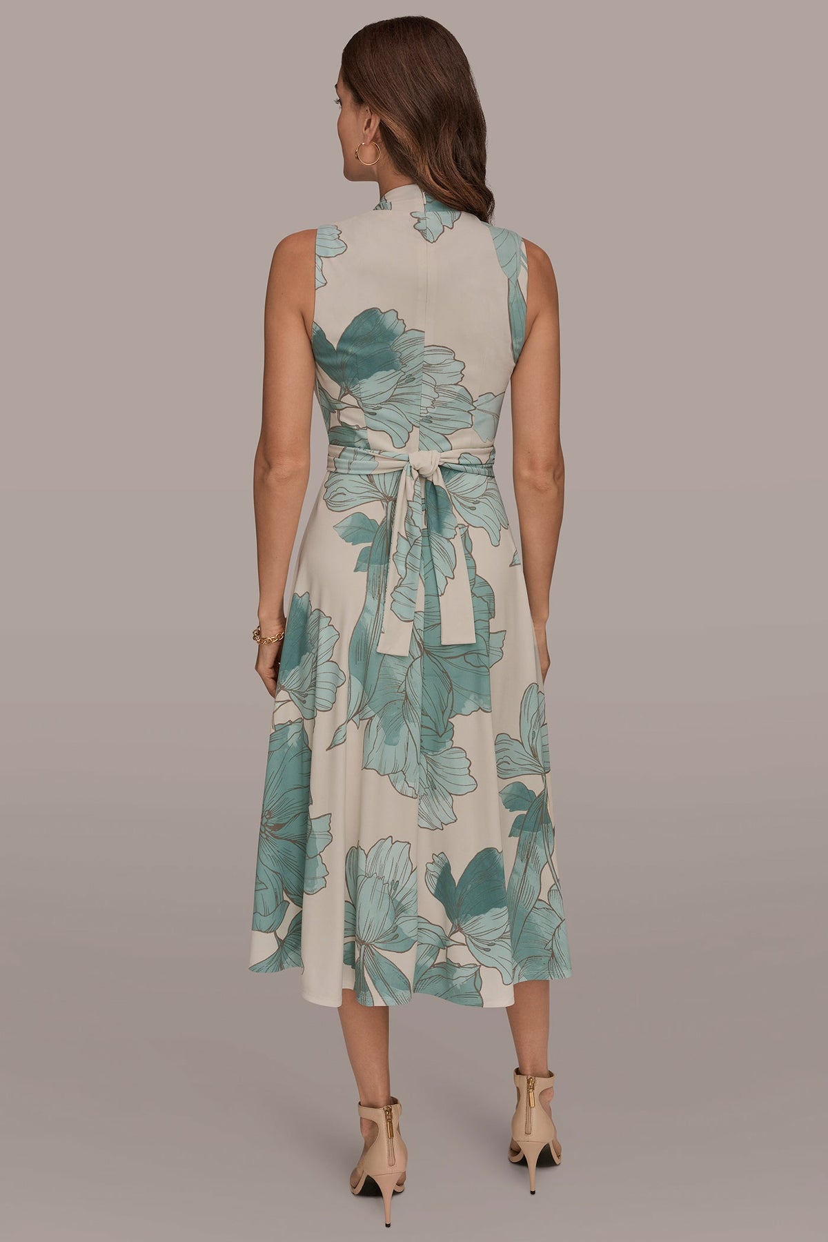 Donna Karan SLEEVELESS FLORAL GATHERED MIDI A-LINE DRESS