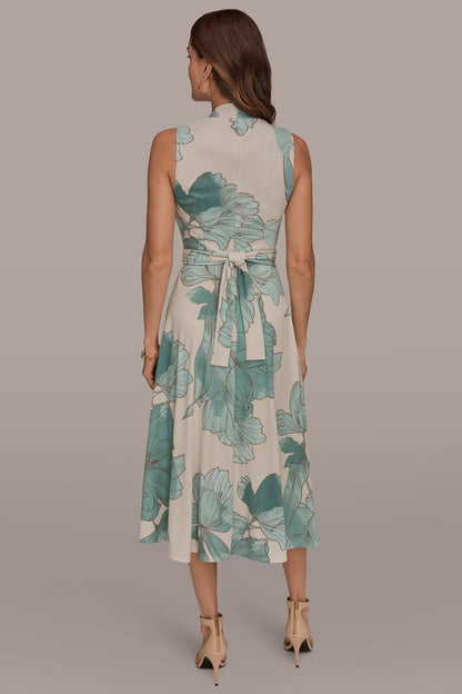 Donna Karan SLEEVELESS FLORAL GATHERED MIDI A-LINE DRESS