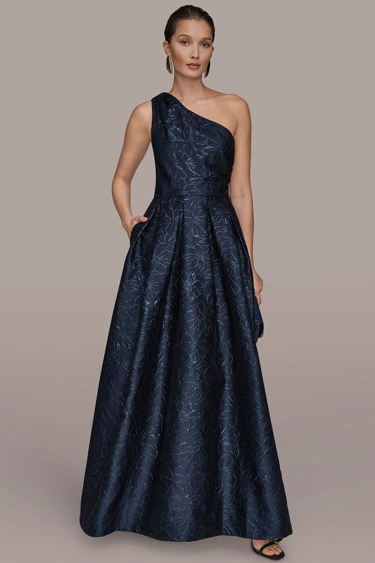 Donna Karan METALLIC FLORAL-JACQUARD ONE-SHOULDER BALL GOWN