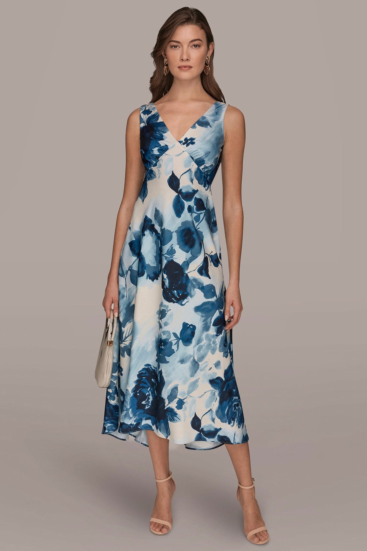 Donna Karan SATIN SLEEVELESS FLORAL MIDI A-LINE DRESS