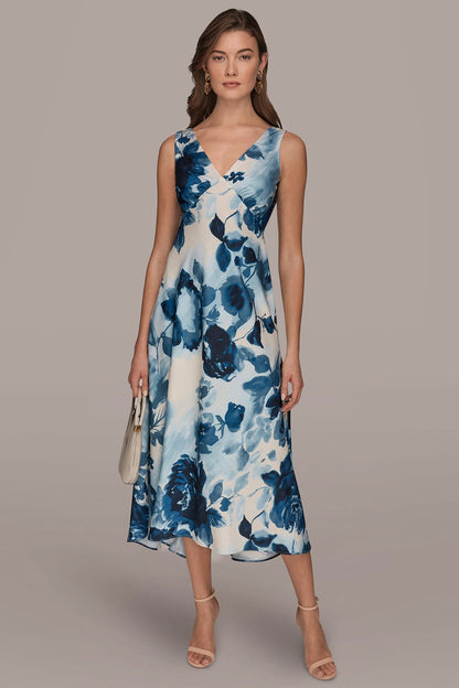 Donna Karan SATIN SLEEVELESS FLORAL MIDI A-LINE DRESS
