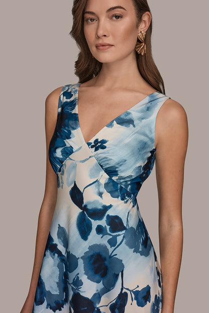 Donna Karan SATIN SLEEVELESS FLORAL MIDI A-LINE DRESS