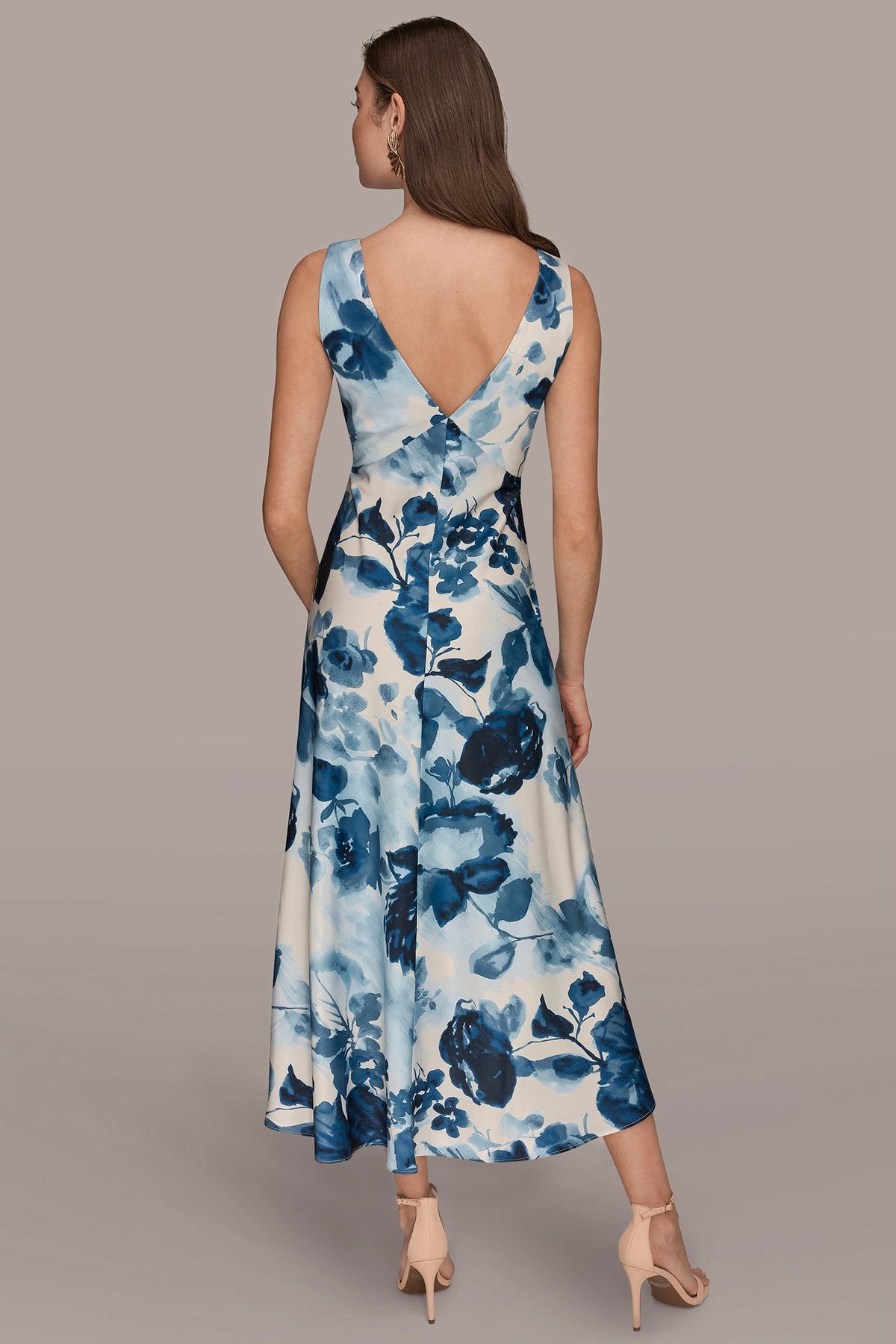 Donna Karan SATIN SLEEVELESS FLORAL MIDI A-LINE DRESS