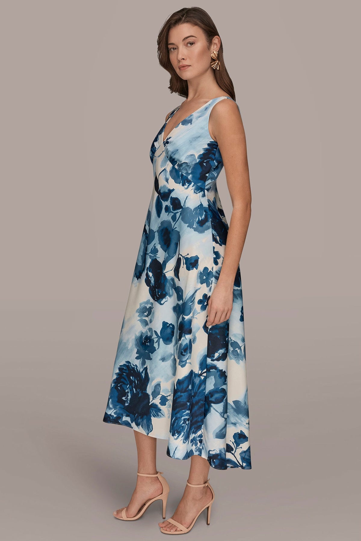 Donna Karan SATIN SLEEVELESS FLORAL MIDI A-LINE DRESS