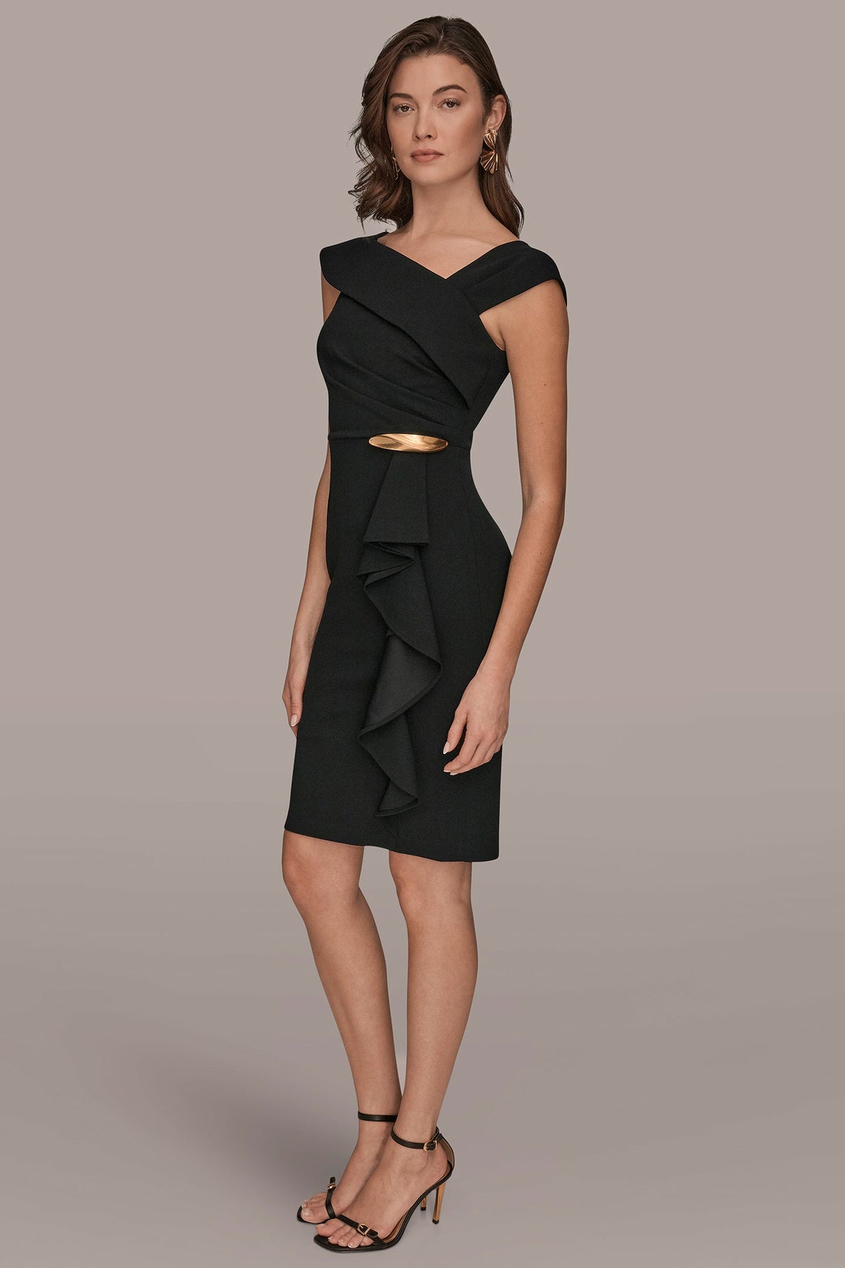Donna Karan SHORT SLEEVE ASYMMETRIC RUFFLE SHEATH DRESS