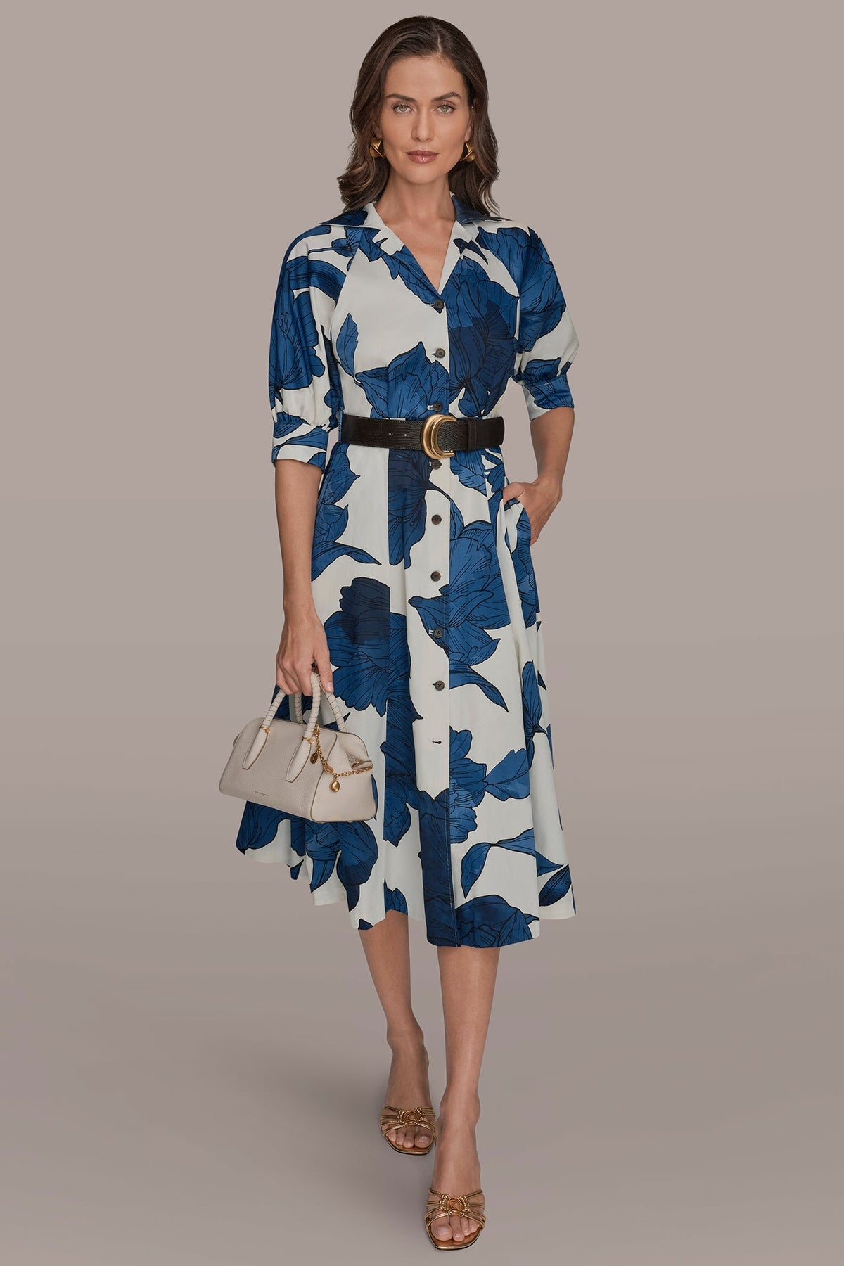 Donna Karan COTTON-SATEEN FLORAL MIDI SHIRT DRESS