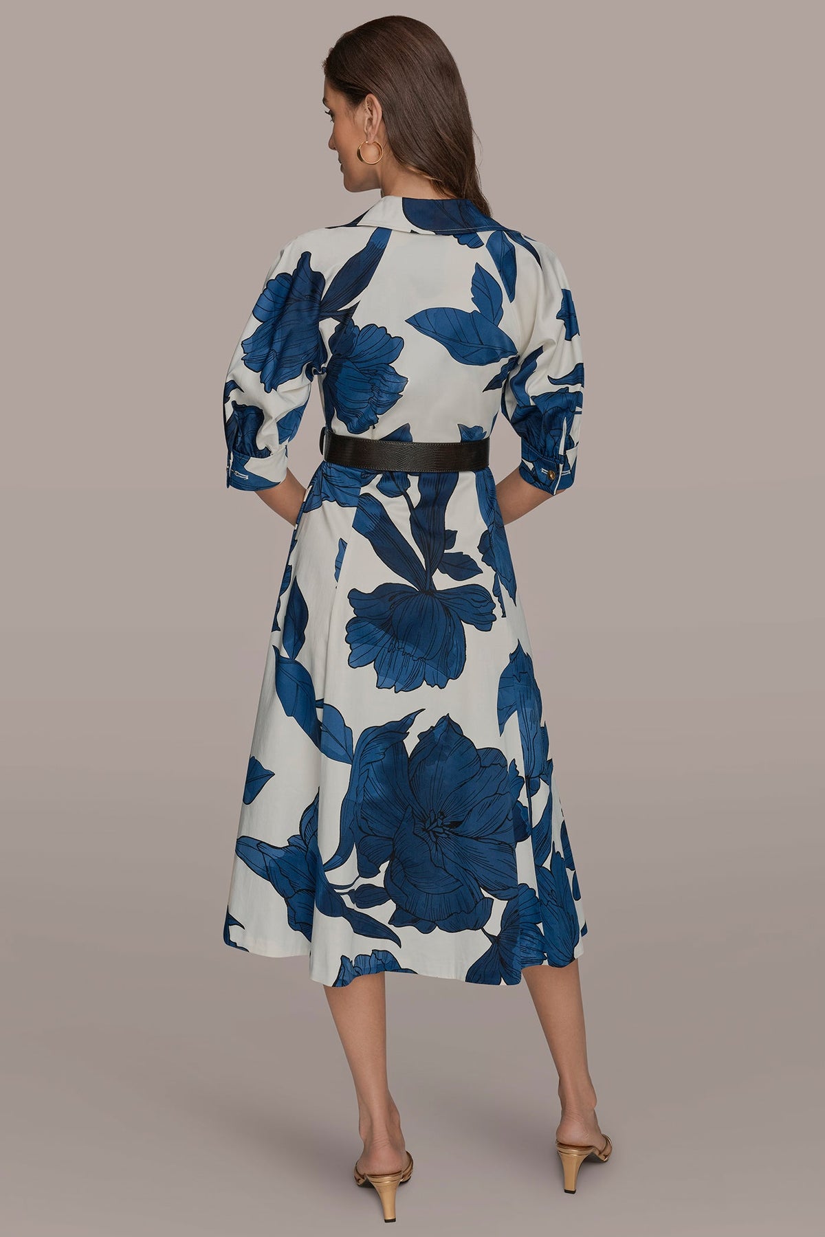 Donna Karan COTTON-SATEEN FLORAL MIDI SHIRT DRESS
