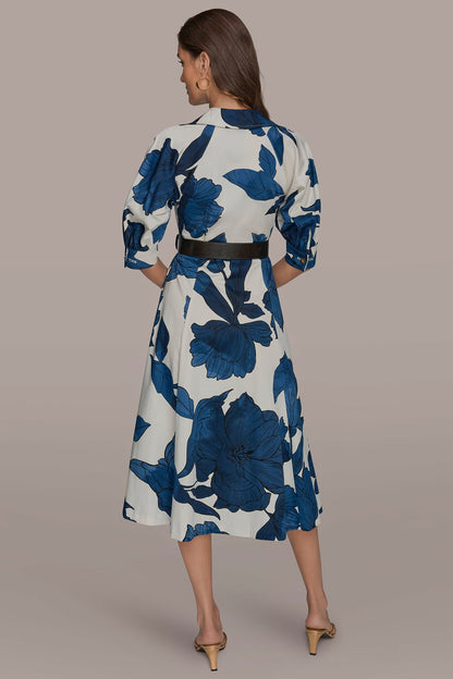 Donna Karan COTTON-SATEEN FLORAL MIDI SHIRT DRESS