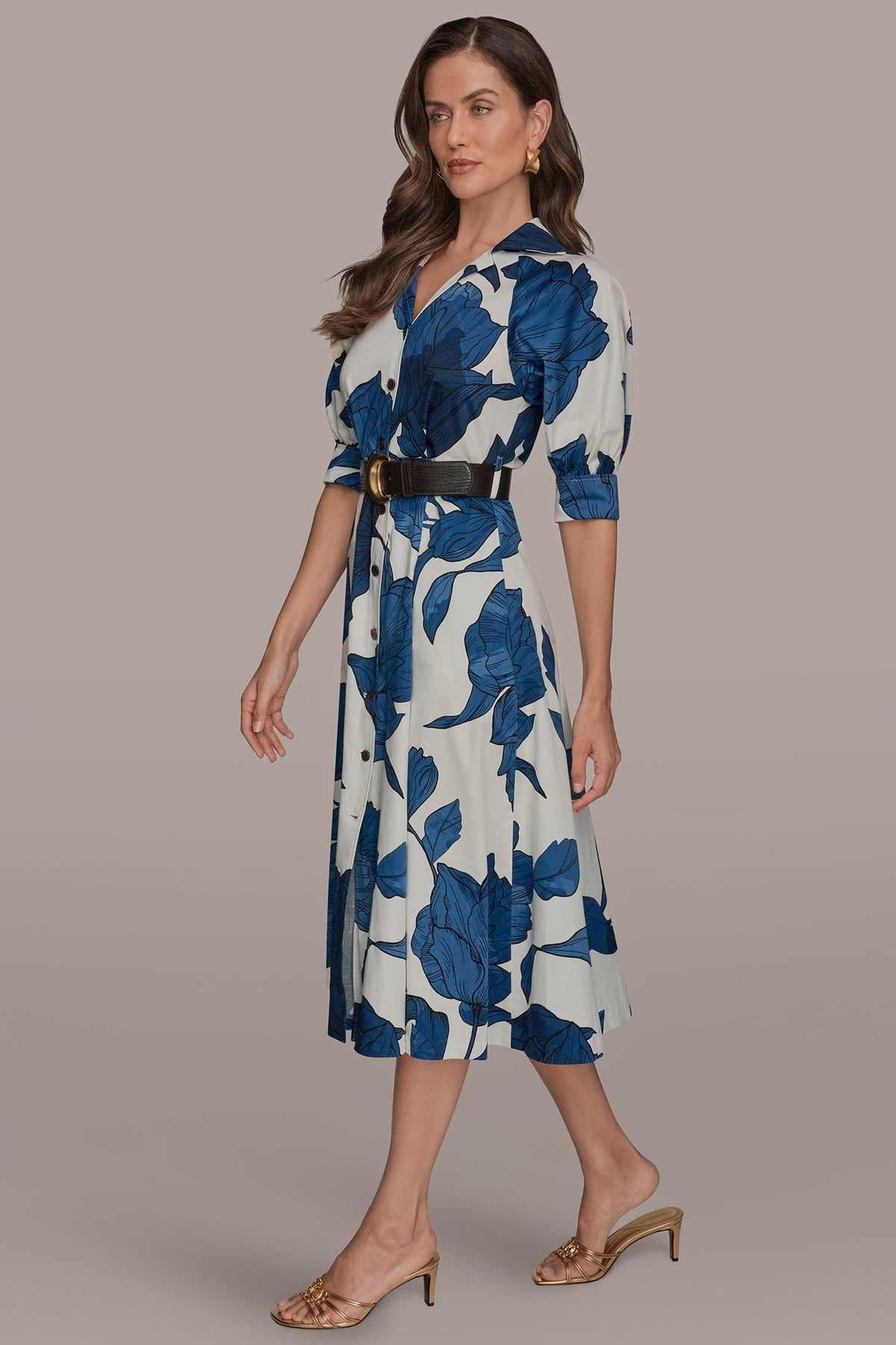 Donna Karan COTTON-SATEEN FLORAL MIDI SHIRT DRESS