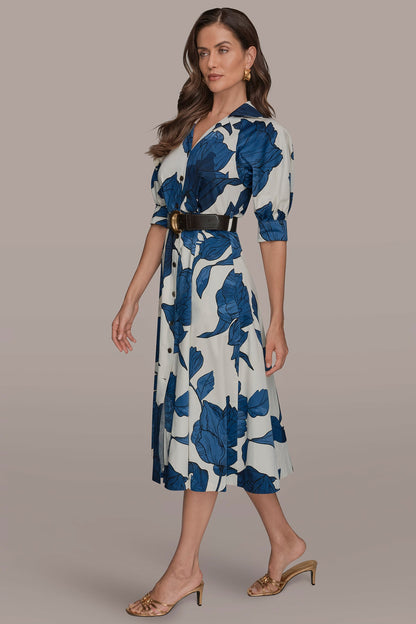 Donna Karan COTTON-SATEEN FLORAL MIDI SHIRT DRESS