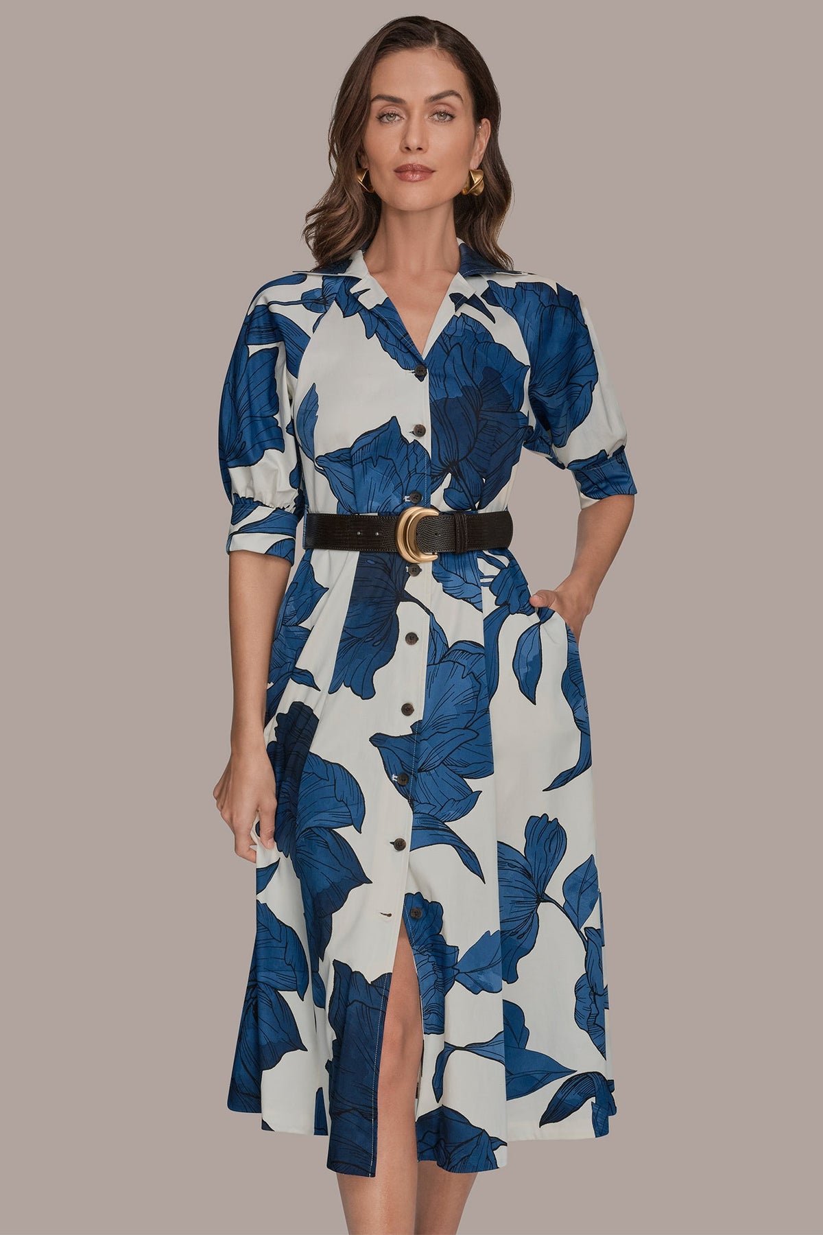 Donna Karan COTTON-SATEEN FLORAL MIDI SHIRT DRESS
