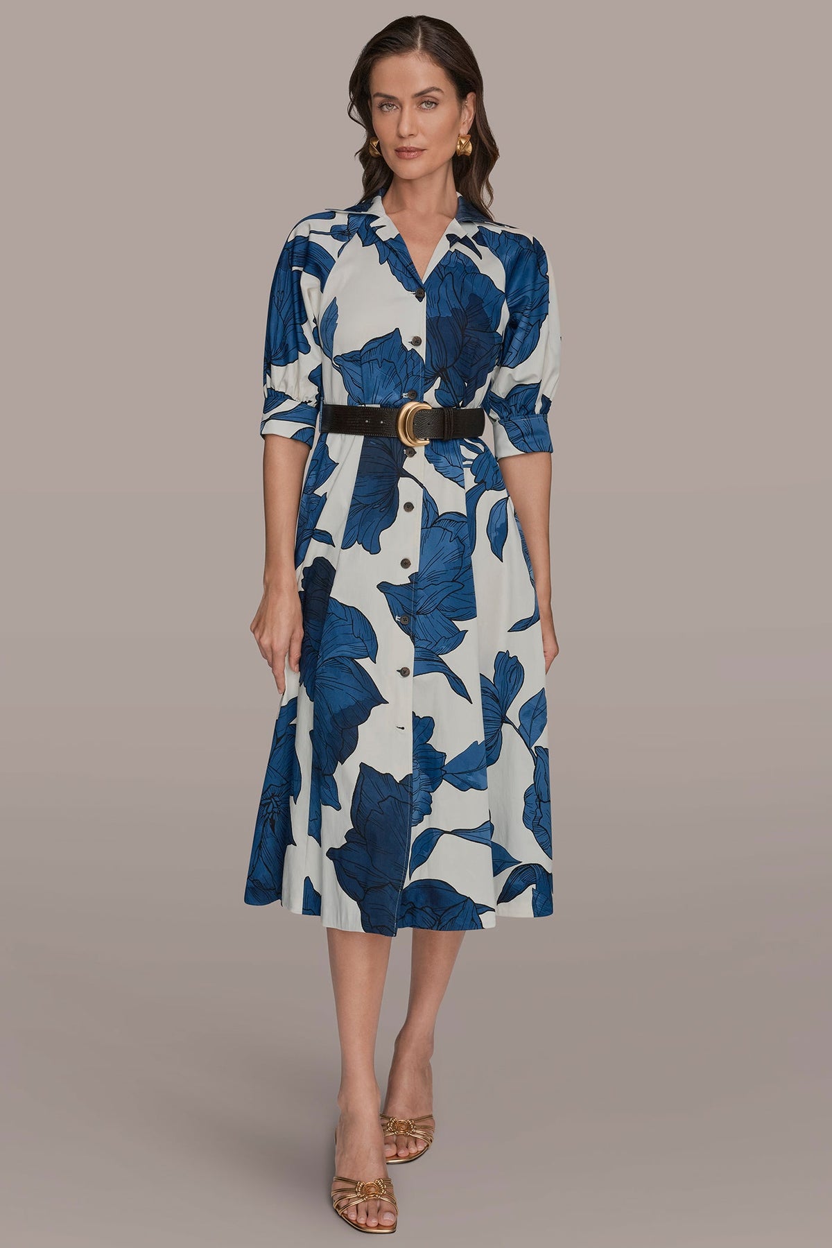 Donna Karan COTTON-SATEEN FLORAL MIDI SHIRT DRESS