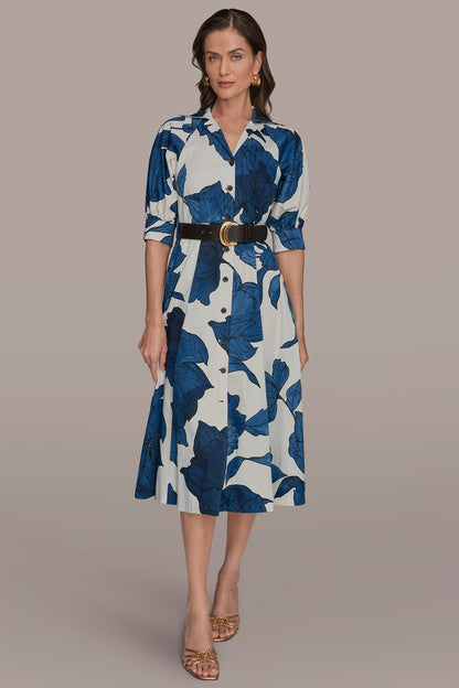 Donna Karan COTTON-SATEEN FLORAL MIDI SHIRT DRESS
