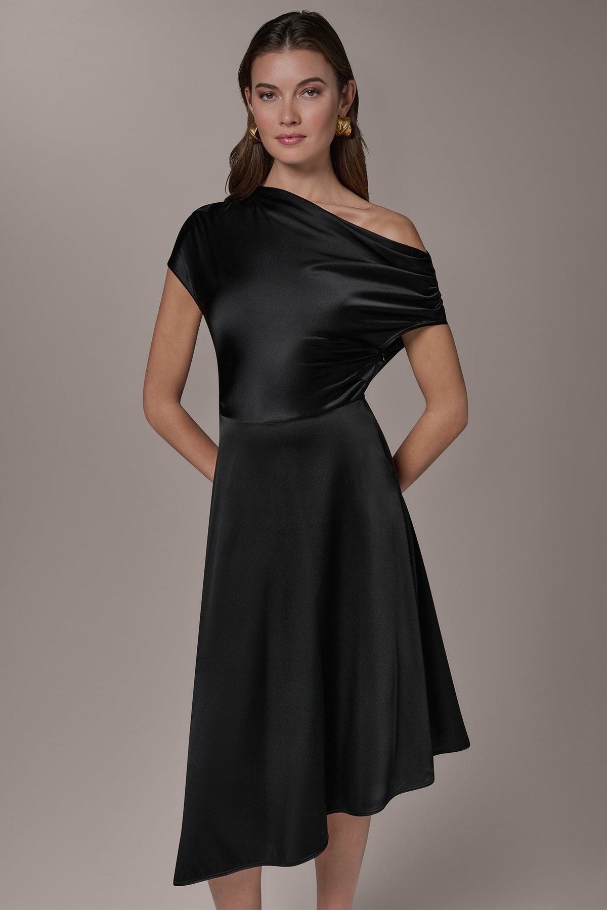 Donna Karan SILK-CHARMEUSE MIDI A-LINE DRESS
