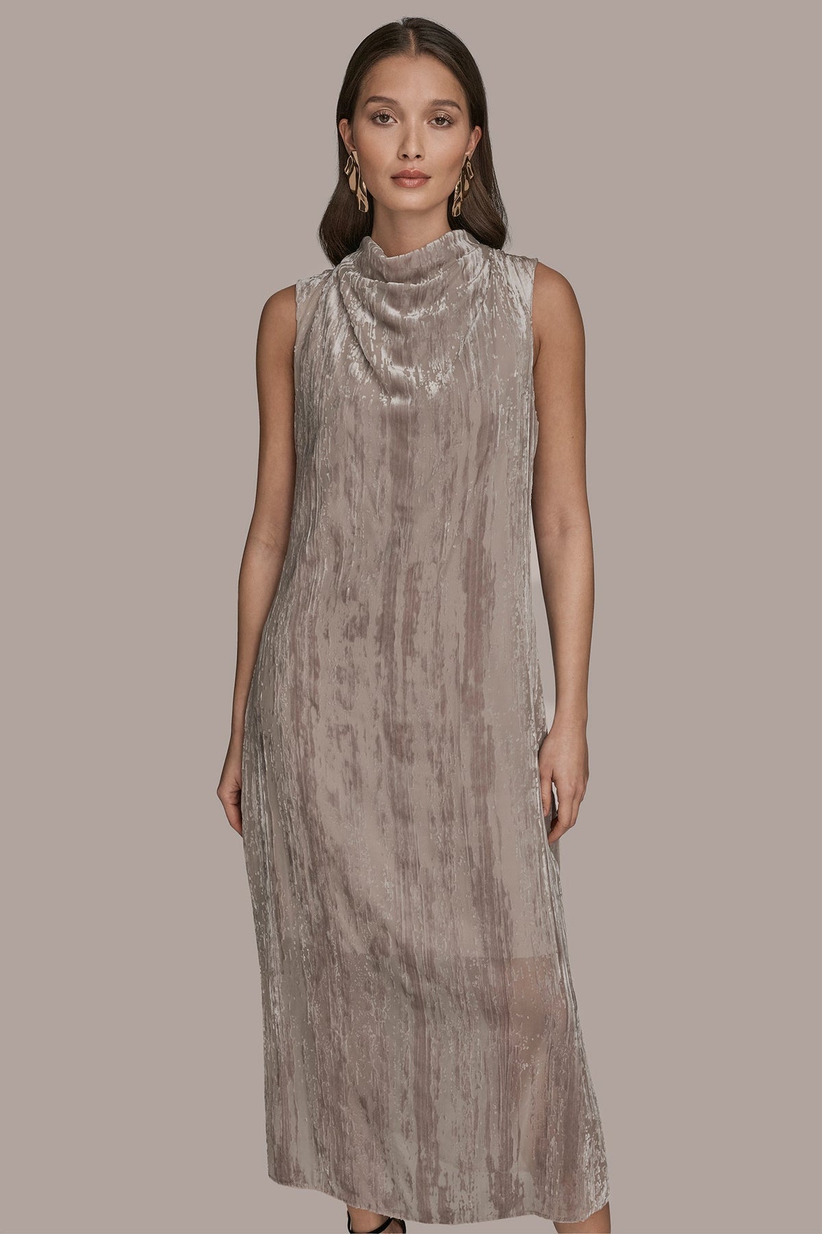 Donna Karan SLEEVELESS COWL-NECK BURNOUT MIDI DRESS