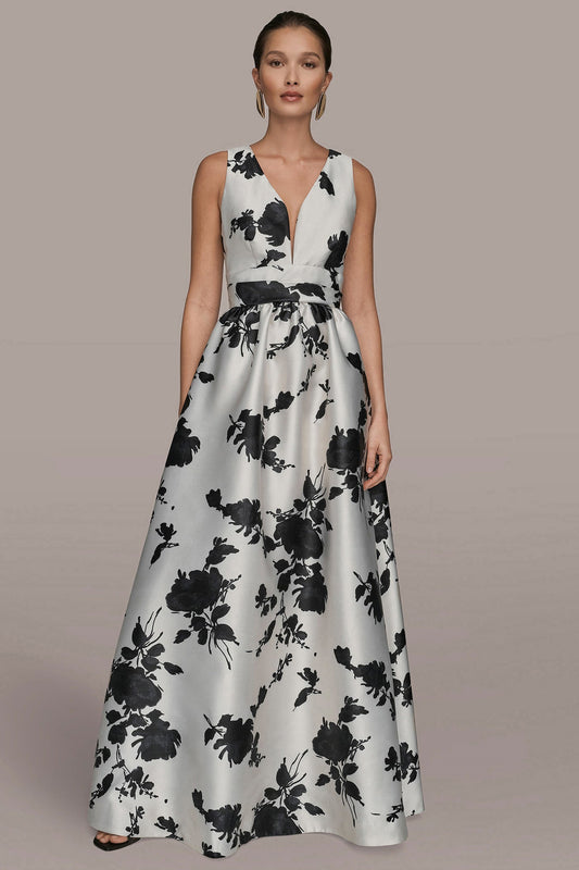 Donna Karan MIKADO SLEEVELESS V-NECK FLORAL GOWN