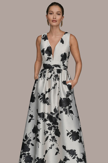 Donna Karan MIKADO SLEEVELESS V-NECK FLORAL GOWN
