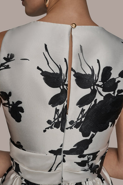 Donna Karan MIKADO SLEEVELESS V-NECK FLORAL GOWN