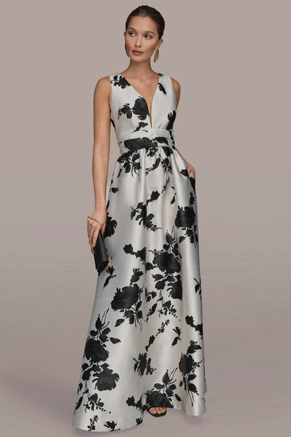 Donna Karan MIKADO SLEEVELESS V-NECK FLORAL GOWN