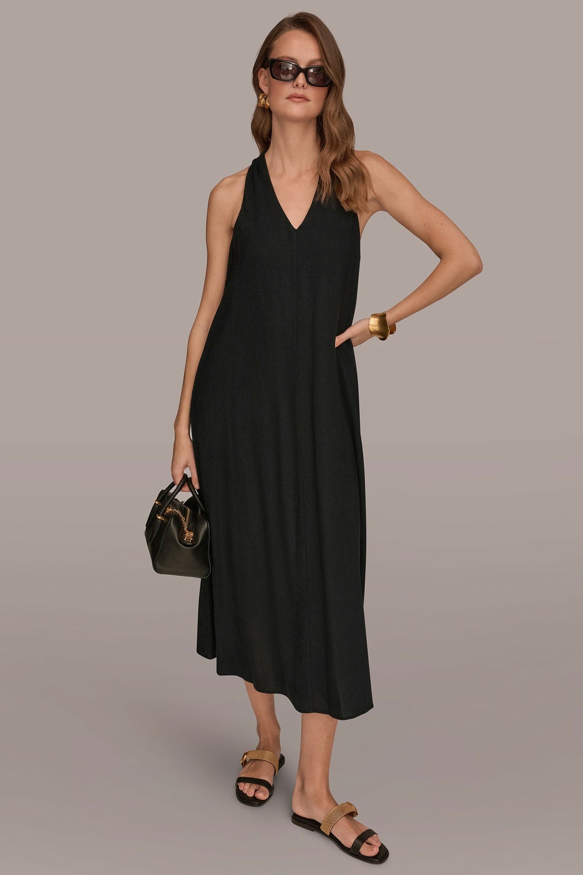 Donna Karan LINEN-BLEND SLEEVELESS TWIST-BACK MIDI HALTER DRESS