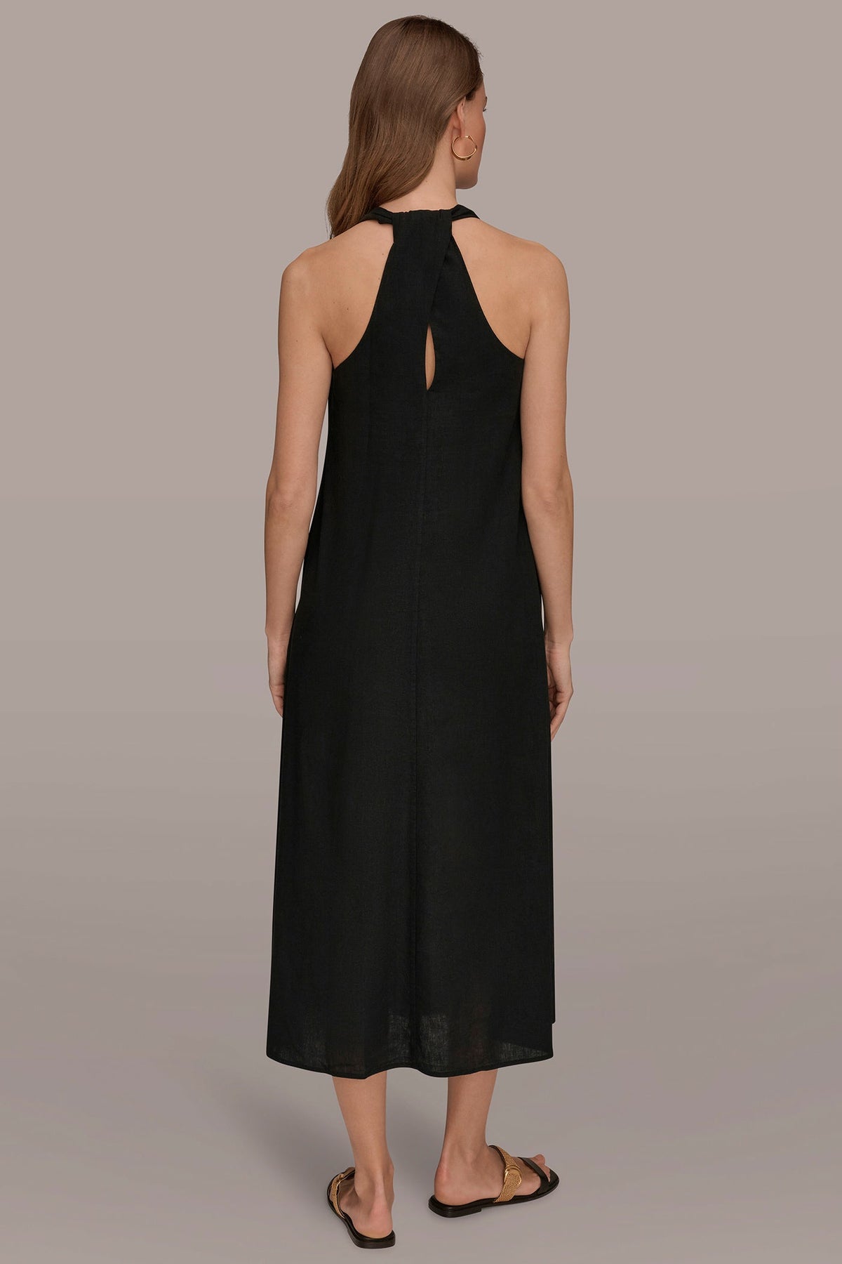 Donna Karan LINEN-BLEND SLEEVELESS TWIST-BACK MIDI HALTER DRESS