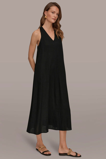 Donna Karan LINEN-BLEND SLEEVELESS TWIST-BACK MIDI HALTER DRESS