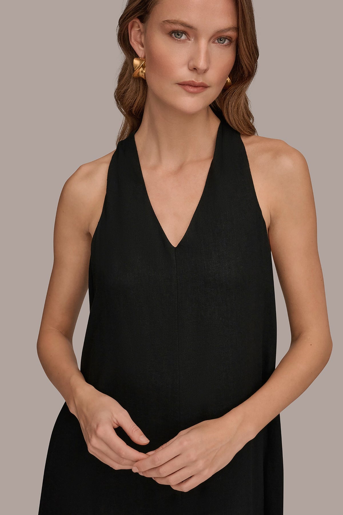 Donna Karan LINEN-BLEND SLEEVELESS TWIST-BACK MIDI HALTER DRESS