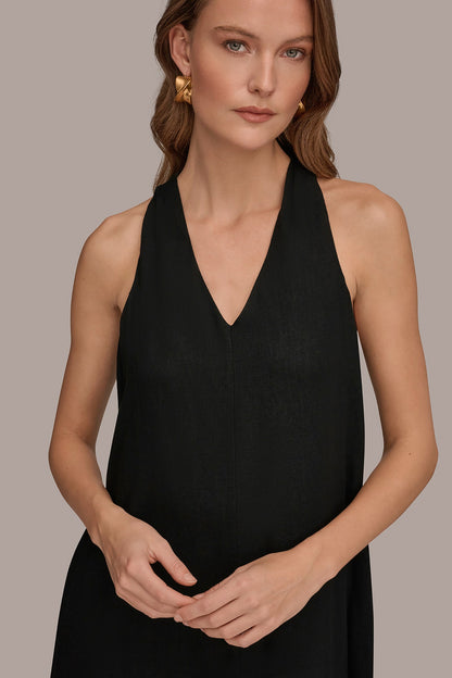 Donna Karan LINEN-BLEND SLEEVELESS TWIST-BACK MIDI HALTER DRESS