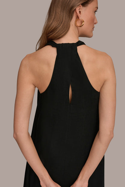 Donna Karan LINEN-BLEND SLEEVELESS TWIST-BACK MIDI HALTER DRESS