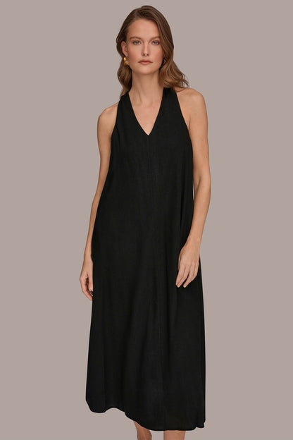 Donna Karan LINEN-BLEND SLEEVELESS TWIST-BACK MIDI HALTER DRESS