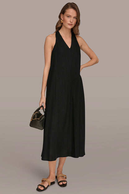 Donna Karan LINEN-BLEND SLEEVELESS TWIST-BACK MIDI HALTER DRESS