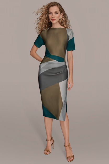 Donna Karan SHORT SLEEVE COLOR-BLOCK MIDI SHEATH DRESS
