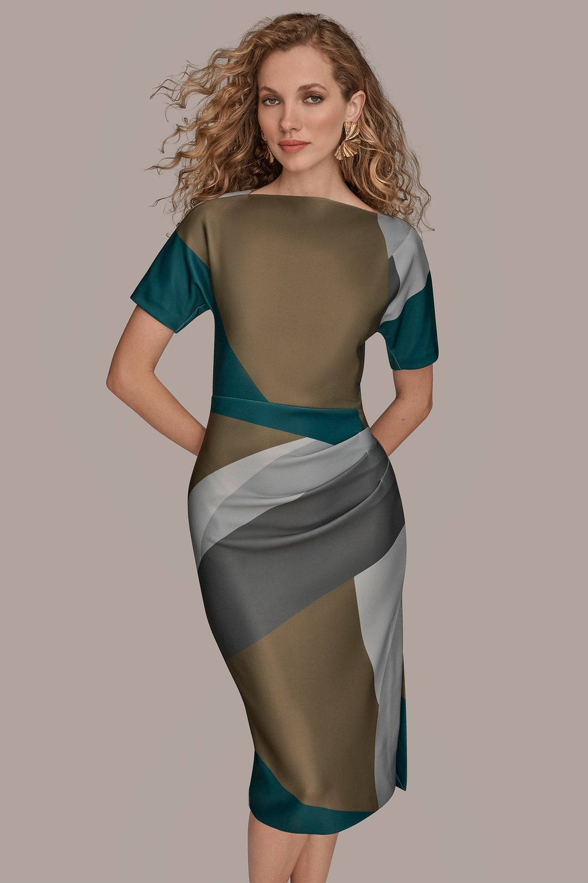 Donna Karan SHORT SLEEVE COLOR-BLOCK MIDI SHEATH DRESS