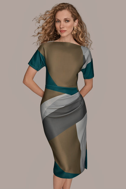 Donna Karan SHORT SLEEVE COLOR-BLOCK MIDI SHEATH DRESS