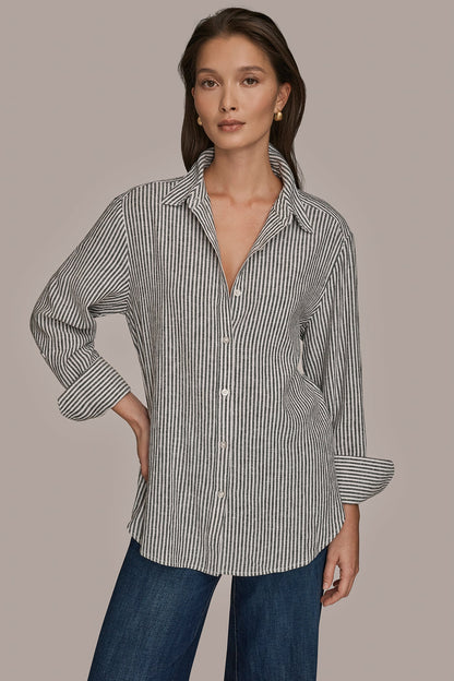 Donna Karan LINEN-BLEND STRIPED SHIRT